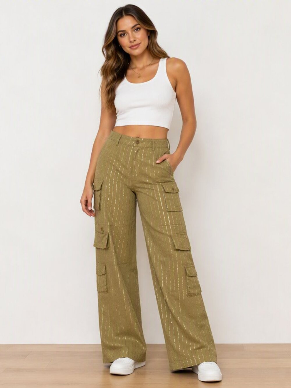 LC Lizette Collection Sparkly Rhinestone Cargo Pants | Wide Leg Utility Pants |